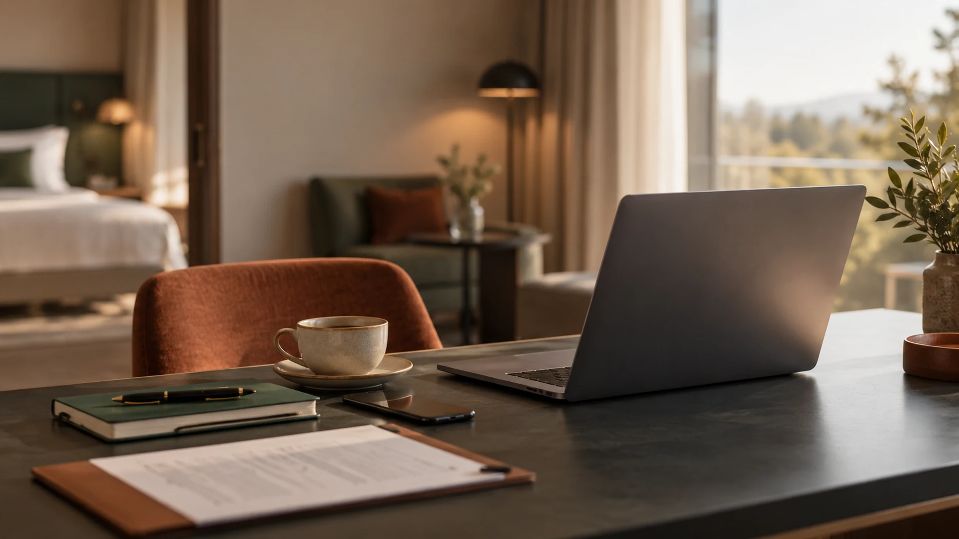 Mesa de trabalho com notebook em apartamento do Sítio Hotel & Eventos